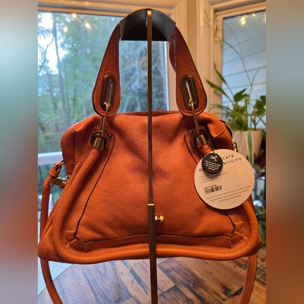 🧡 Authenticated Chloé Paraty Medium Satchel Bag in Orange Leather Suntan - Picture 5 of 16